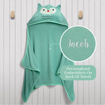 Personalized Kids Hooded Bath Towel with Pockets - Light Teal Owl (1258) - Accessories