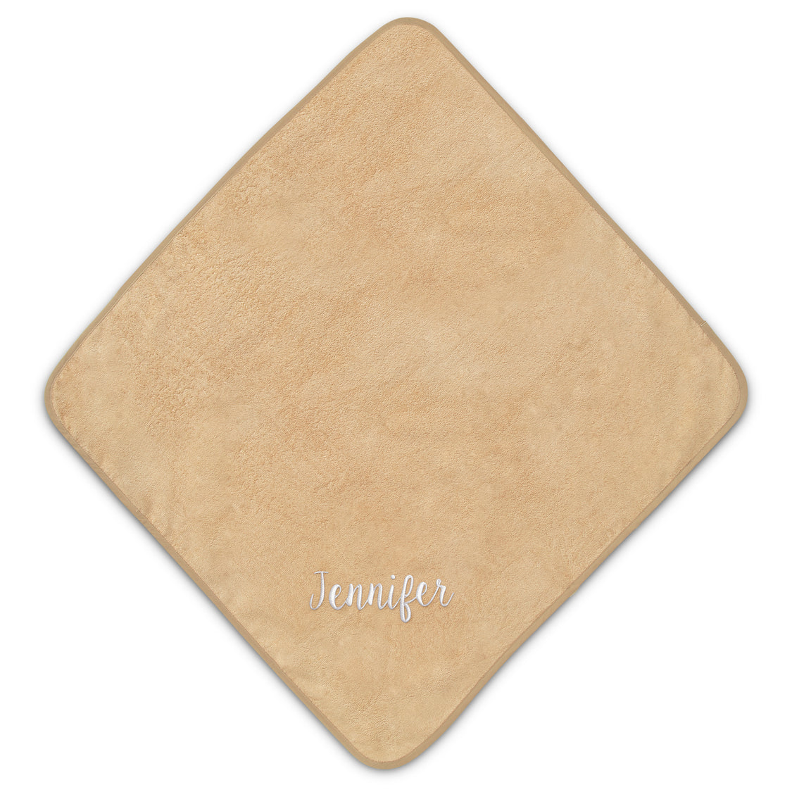 A green hooded baby bath towel with the name 'Jennifer' embroidered on the lower back.