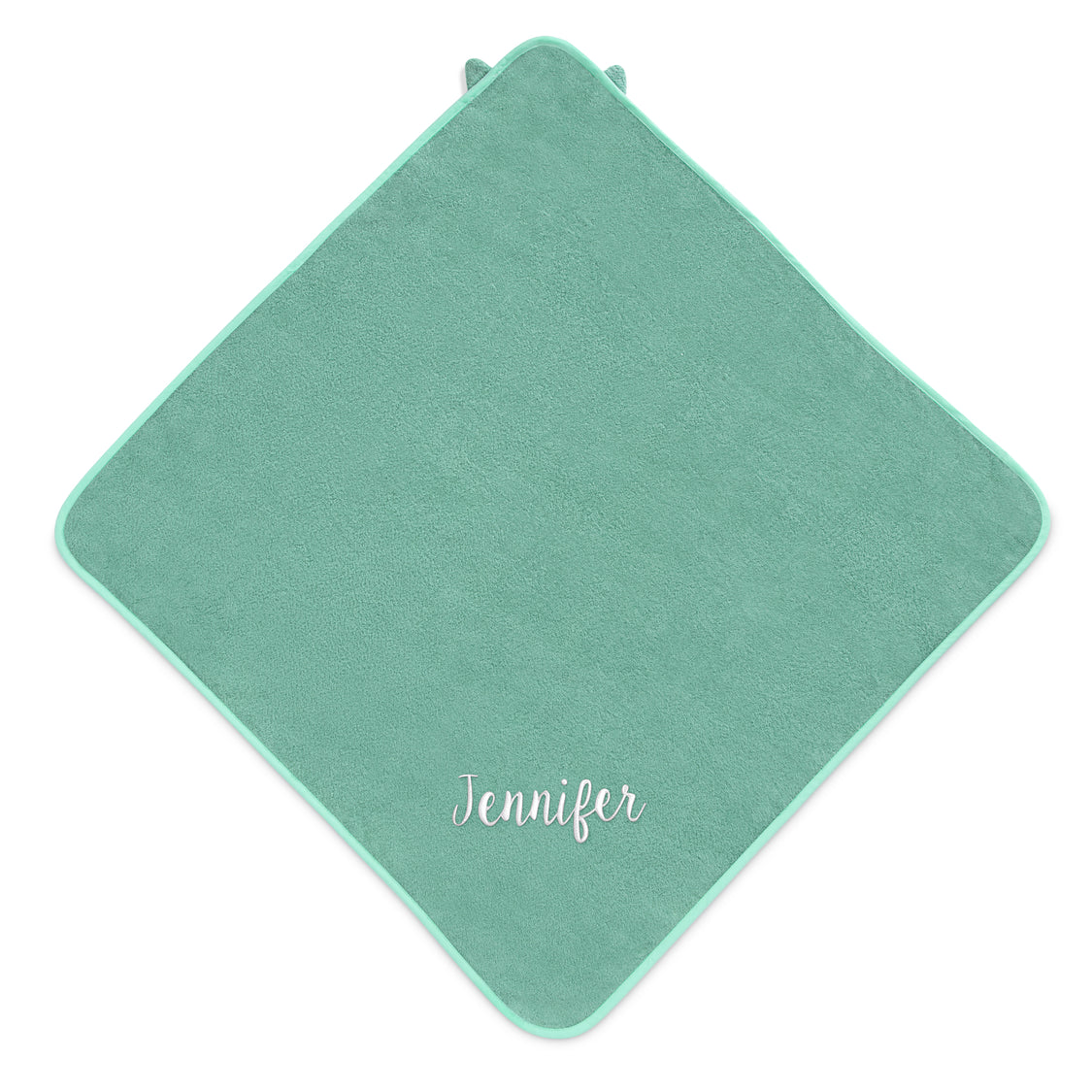 A green hooded baby bath towel with the name 'Jennifer' embroidered on the lower back.