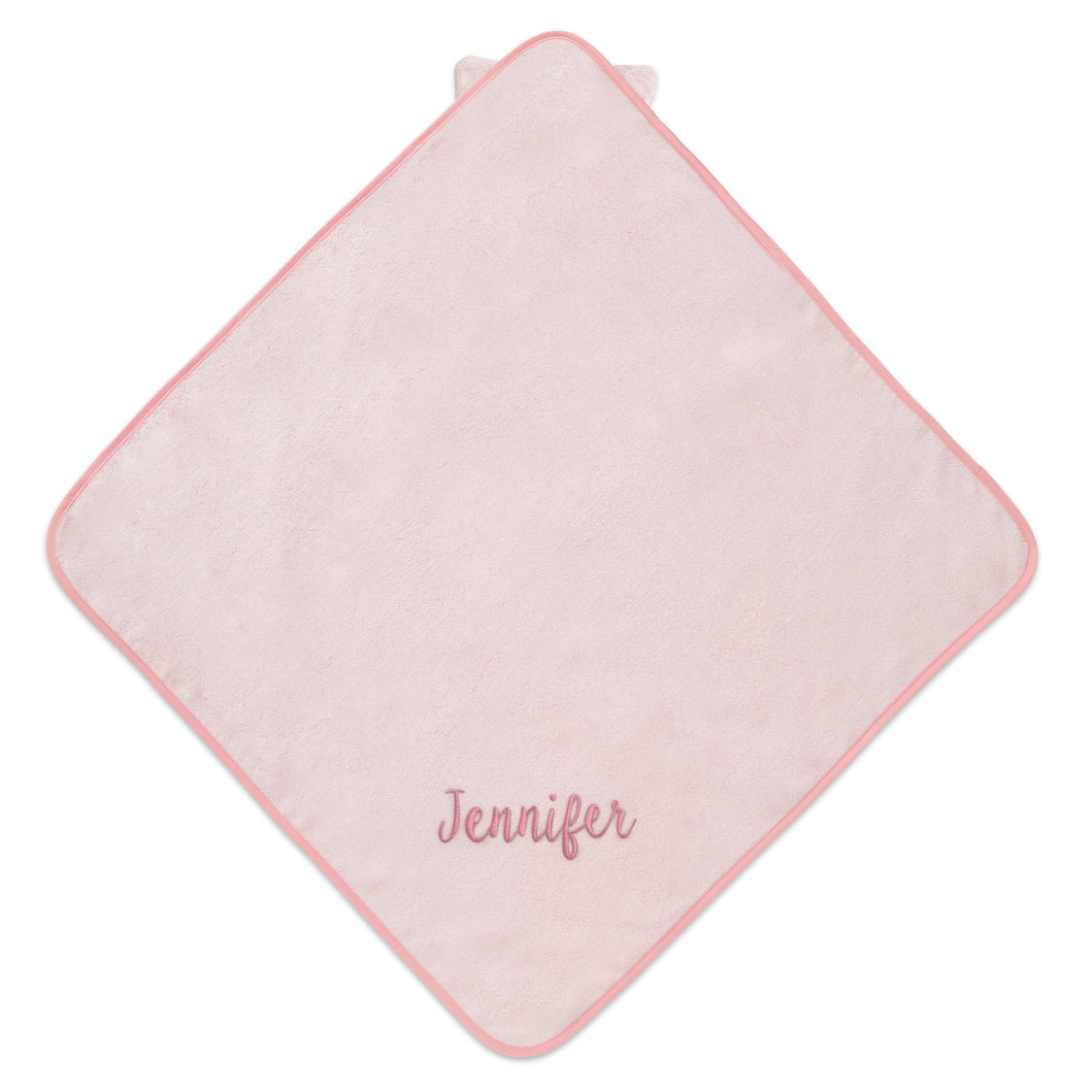 A green hooded baby bath towel with the name 'Jennifer' embroidered on the lower back.