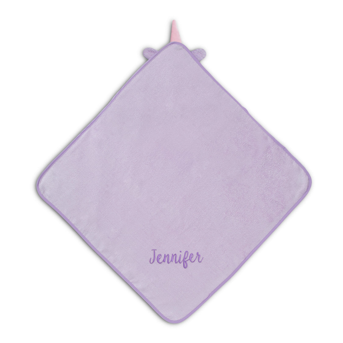 A green hooded baby bath towel with the name 'Jennifer' embroidered on the lower back.