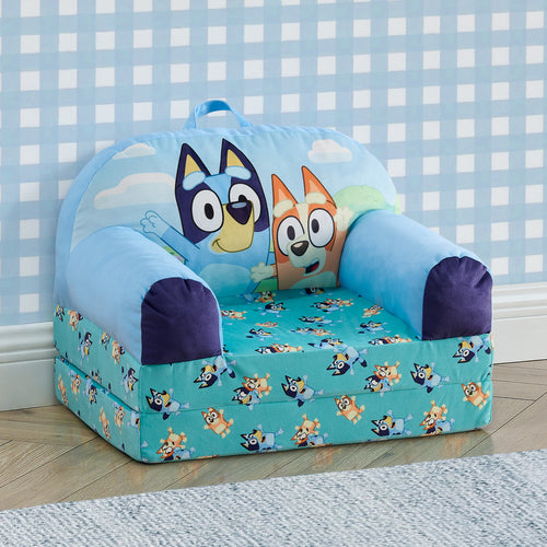 Children's chair with cartoon design on a checkered floor and wall background