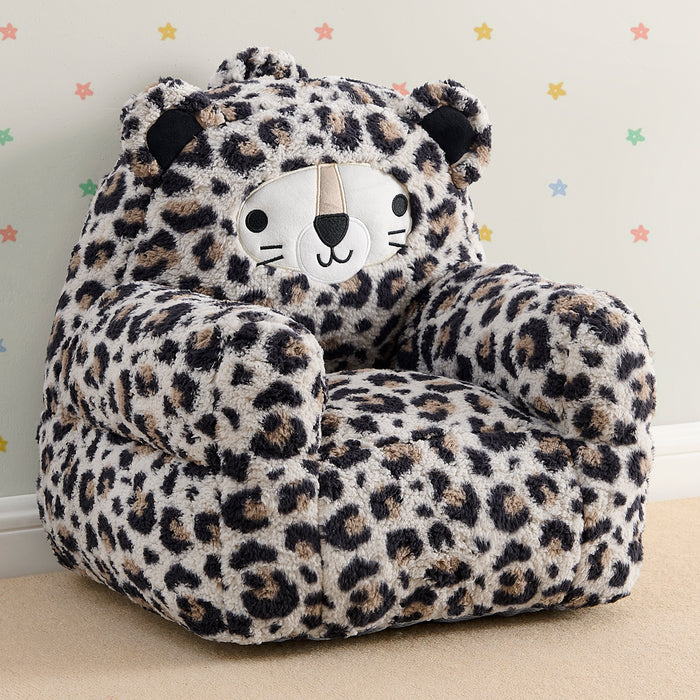 Leopard print children's chair with a face design on a light-colored floor and wall. 1-Leopard Cozee Buddy Chair