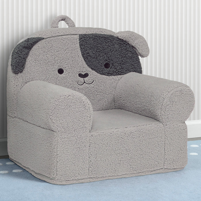 Plush dog chair with a puppy face design, covered in gray sherpa, designed for children's rooms. 2-Deluxe Cozee Dog Chair