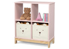 Pink children's bookshelf with teddy bear and storage bins on a white background 34-Brannan Bear Bookcase with Bins