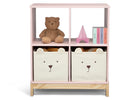 Children's bookshelf with teddy bear, books, and storage bins on a white background 35-Brannan Bear Bookcase with Bins