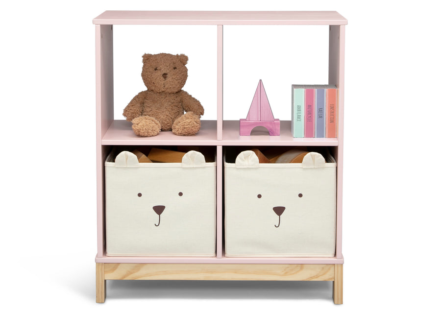 Children's bookshelf with teddy bear, books, and storage bins on a white background 35-Brannan Bear Bookcase with Bins