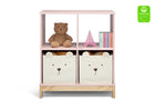 Children's bookshelf with teddy bear design storage bins and a teddy bear on a white background. 39-Brannan Bear Bookcase with Bins