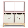 Pink children's shelf with two bear-faced storage bins on a white background 30-Brannan Bear Bookcase with Bins