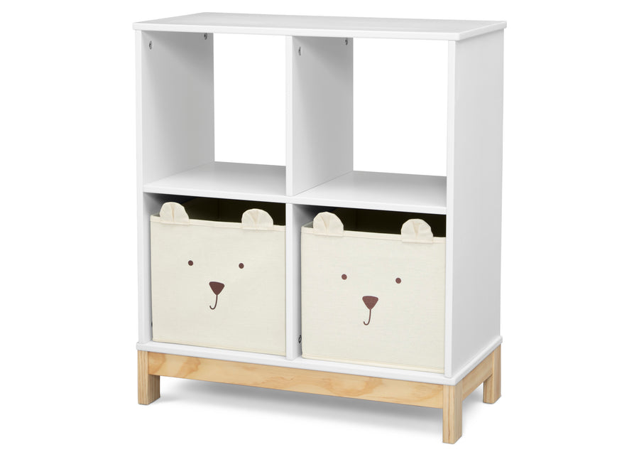 White bookshelf with two bear-faced storage boxes on a white background 45-Brannan Bear Bookcase with Bins