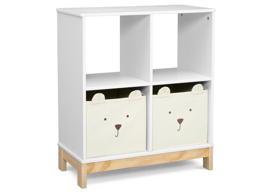 White bookshelf with two bear-themed storage bins on a white background 46-Brannan Bear Bookcase with Bins