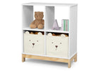 White storage unit with bear-themed bins and a teddy bear on a white background 48-Brannan Bear Bookcase with Bins