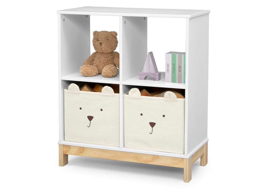 White storage unit with bear-themed bins and a teddy bear on a white background 48-Brannan Bear Bookcase with Bins