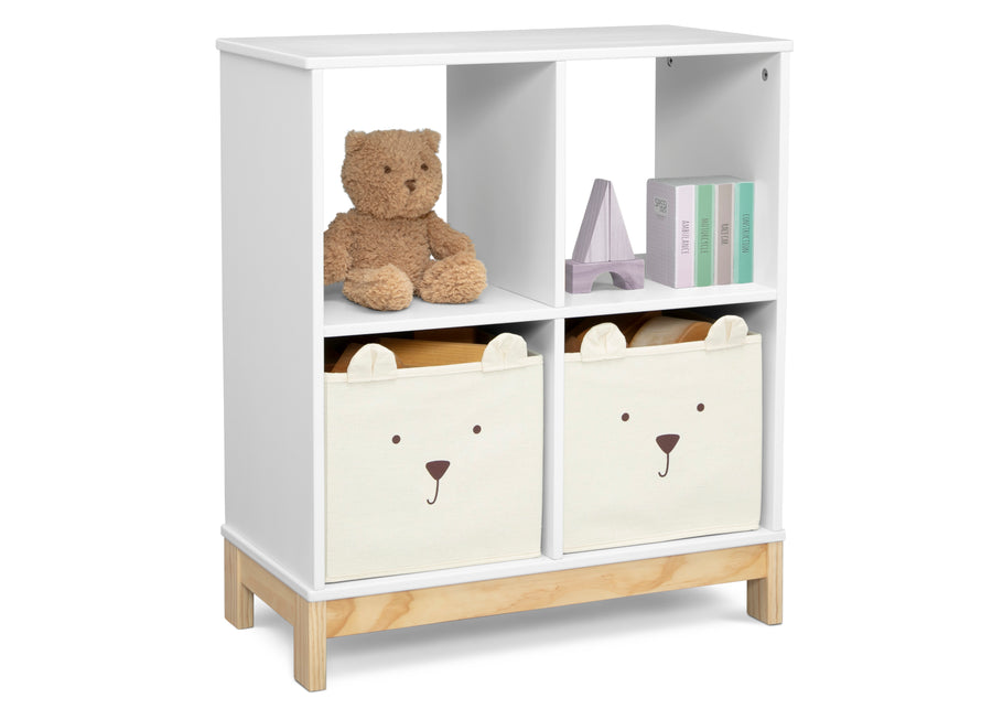 White bookshelf with teddy bear design storage bins and a teddy bear on a white background 51-Brannan Bear Bookcase with Bins