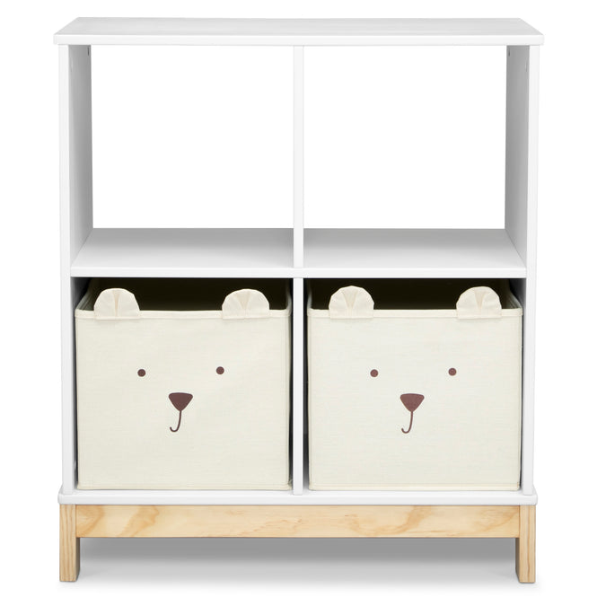 White storage unit with two bear-faced bins on a white background 44-Brannan Bear Bookcase with Bins