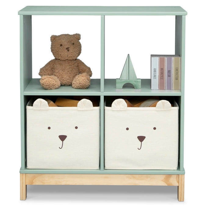 Children's bookshelf with teddy bear and storage bins on a white background 20-Brannan Bear Bookcase with Bins