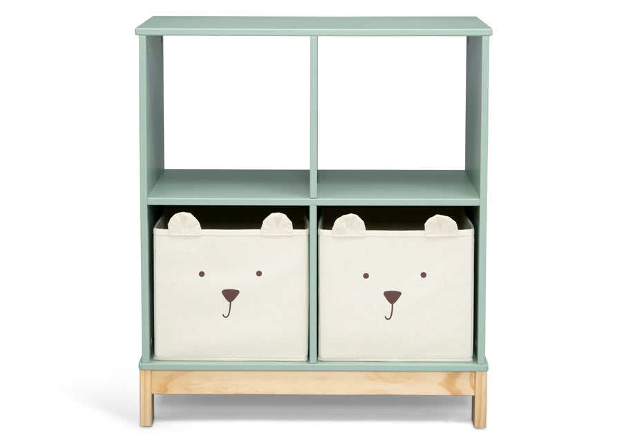 Children's bookshelf with two bear-faced storage bins on a white background 25-Brannan Bear Bookcase with Bins