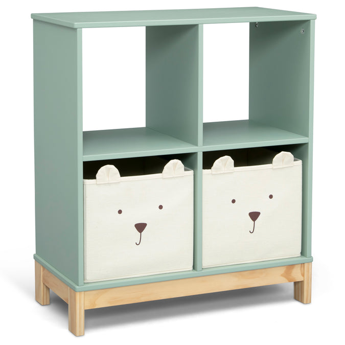 Children's bookshelf with two bear-faced storage bins on a white background 19-Brannan Bear Bookcase with Bins