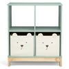 Children's storage unit with two bear-faced bins on a white background 18-Brannan Bear Bookcase with Bins