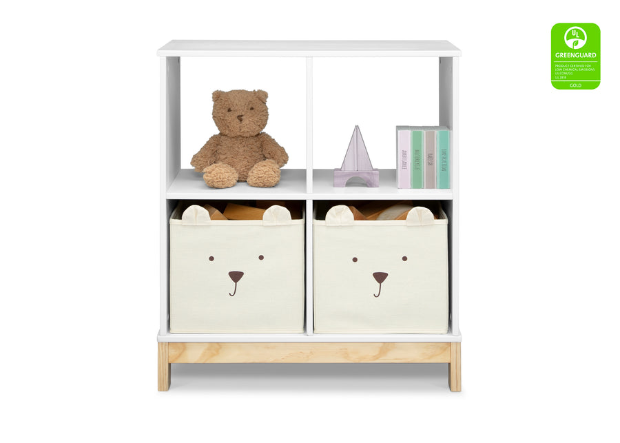 Children's storage unit with teddy bear design on shelves and bins against a white background 50-Brannan Bear Bookcase with Bins