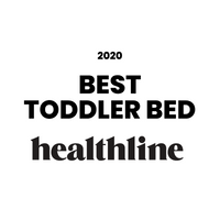 Text '2020 Best Toddler Bed' by Healthline on a white background
