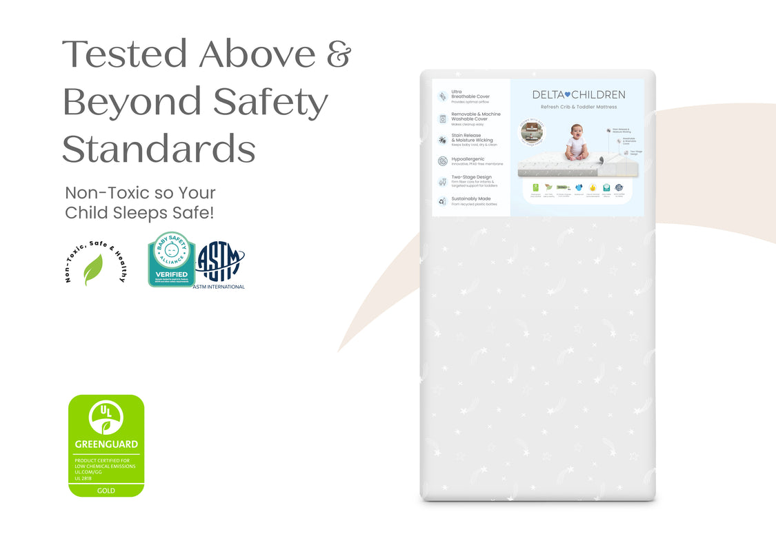 Baby mattress with safety certification logos on a white background