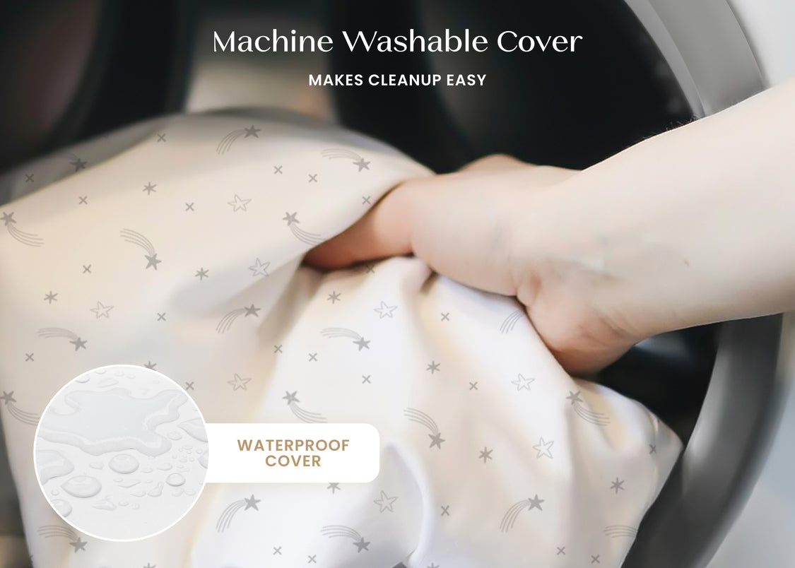 Hand holding a machine washable cover with text indicating it makes cleanup easy and is waterproof.