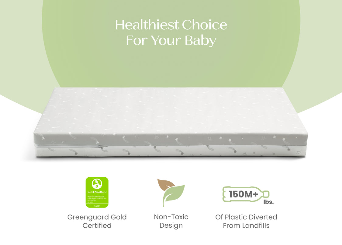 Mattress with green certification logo and text about health benefits for babies on a white background
