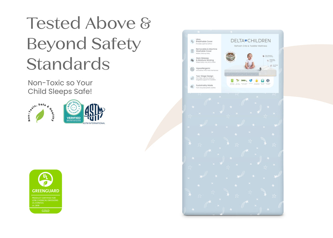Baby crib mattress with safety certification logos on a white background