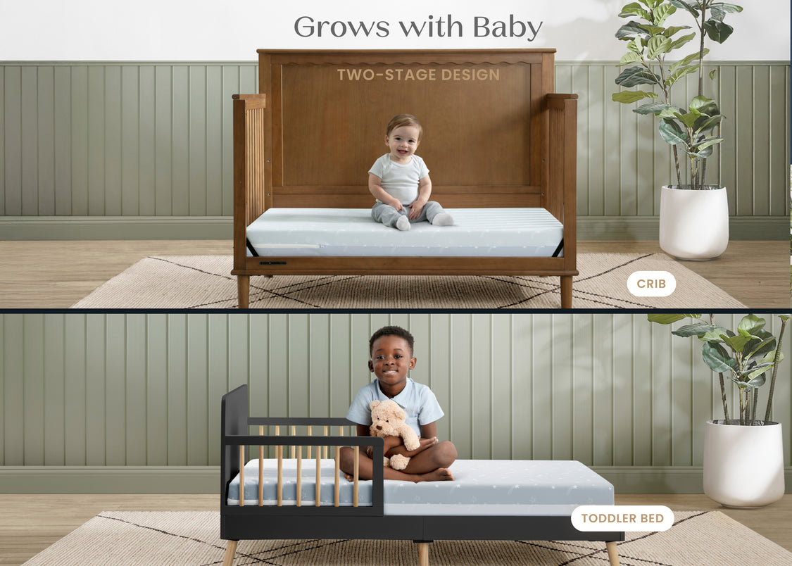 Two-stage baby bed with toddler bed conversion, showing a child sitting on each stage.