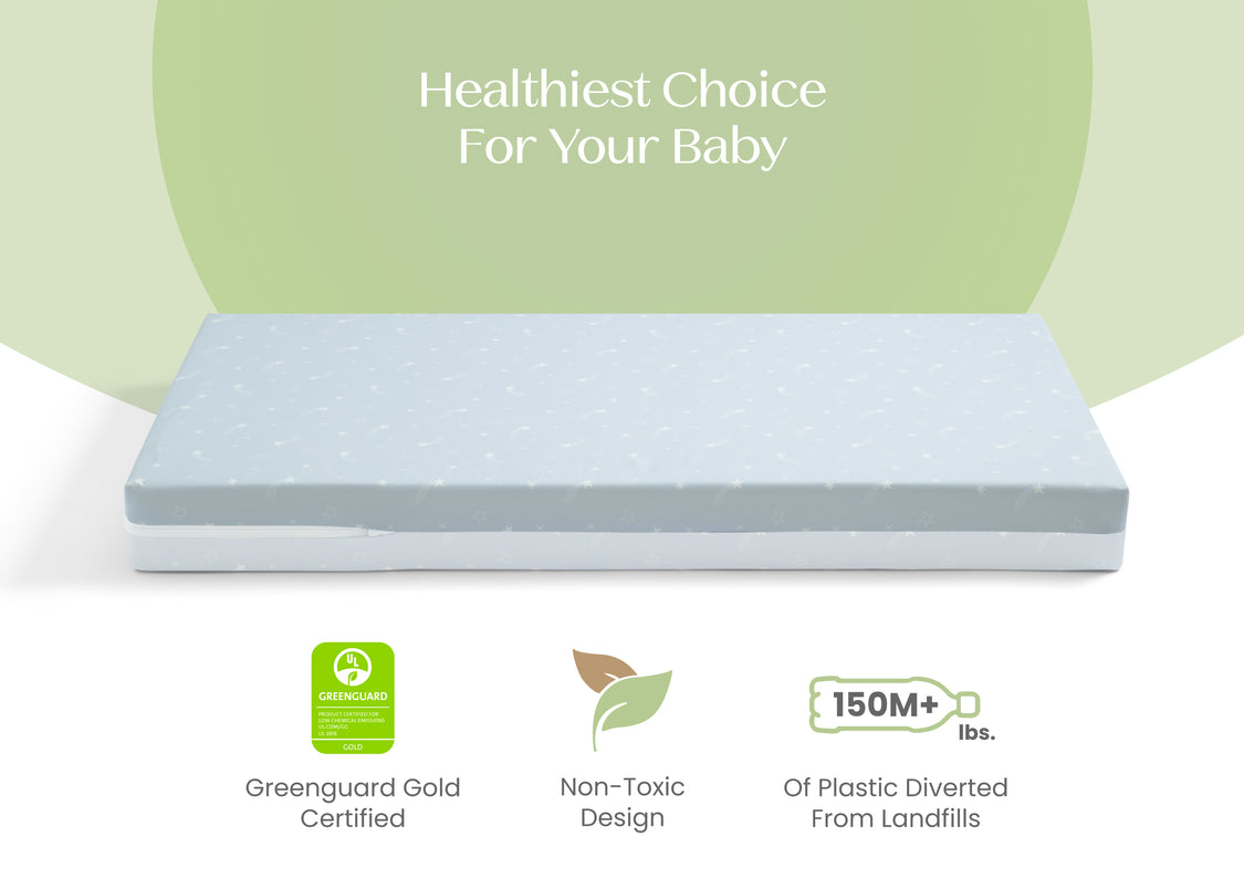 Mattress with green certification logo and text about health benefits for babies