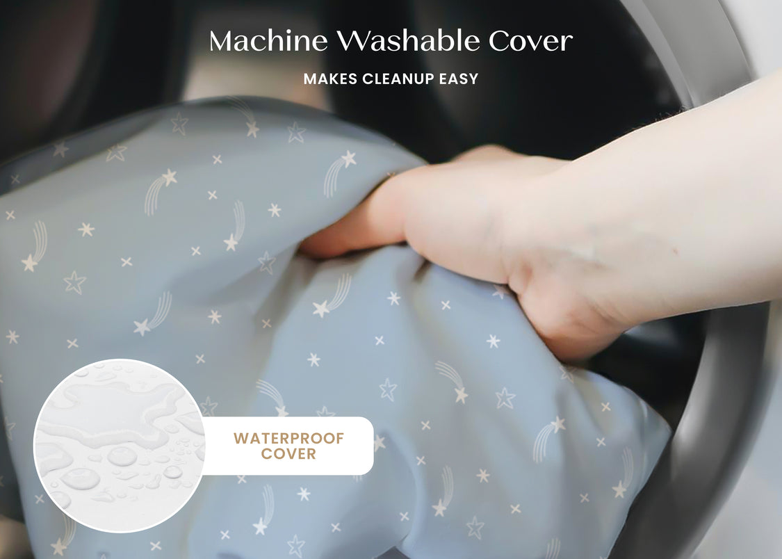 Hand holding a machine washable cover with text indicating it makes cleanup easy and is waterproof.