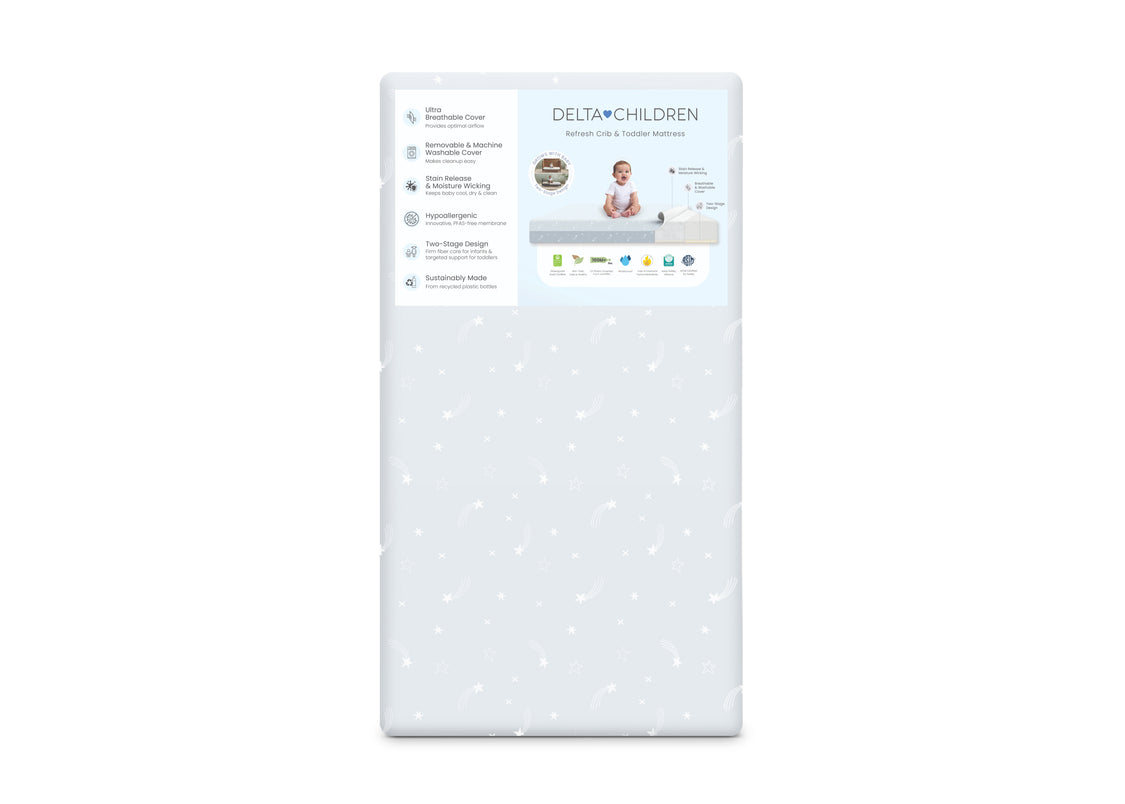 Baby mattress with Delta Children branding on a white background