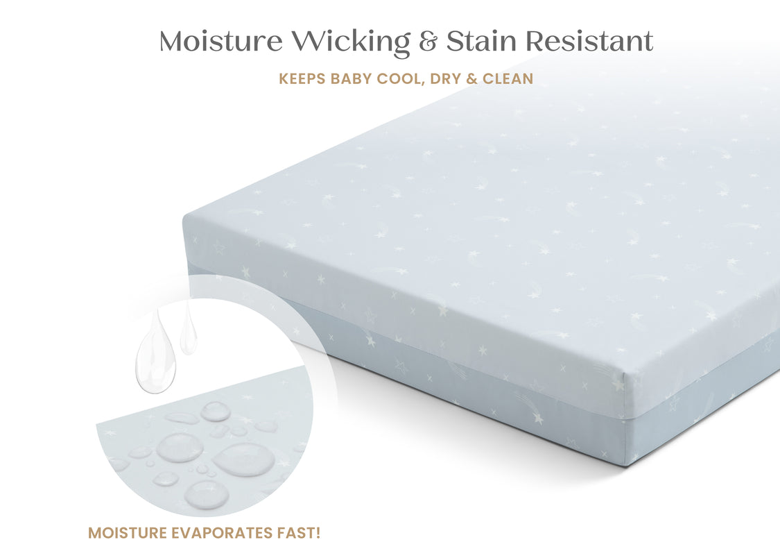 Moisture wicking and stain resistant product with text on a white background