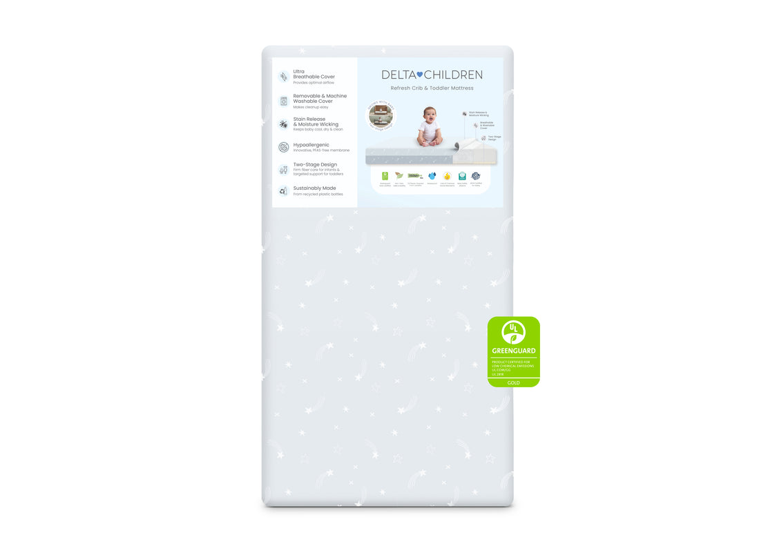 Delta Children crib mattress with a visible brand label on a white background