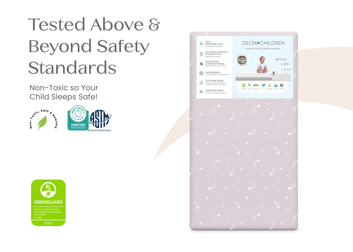 Baby mattress with safety certification logos on a white background