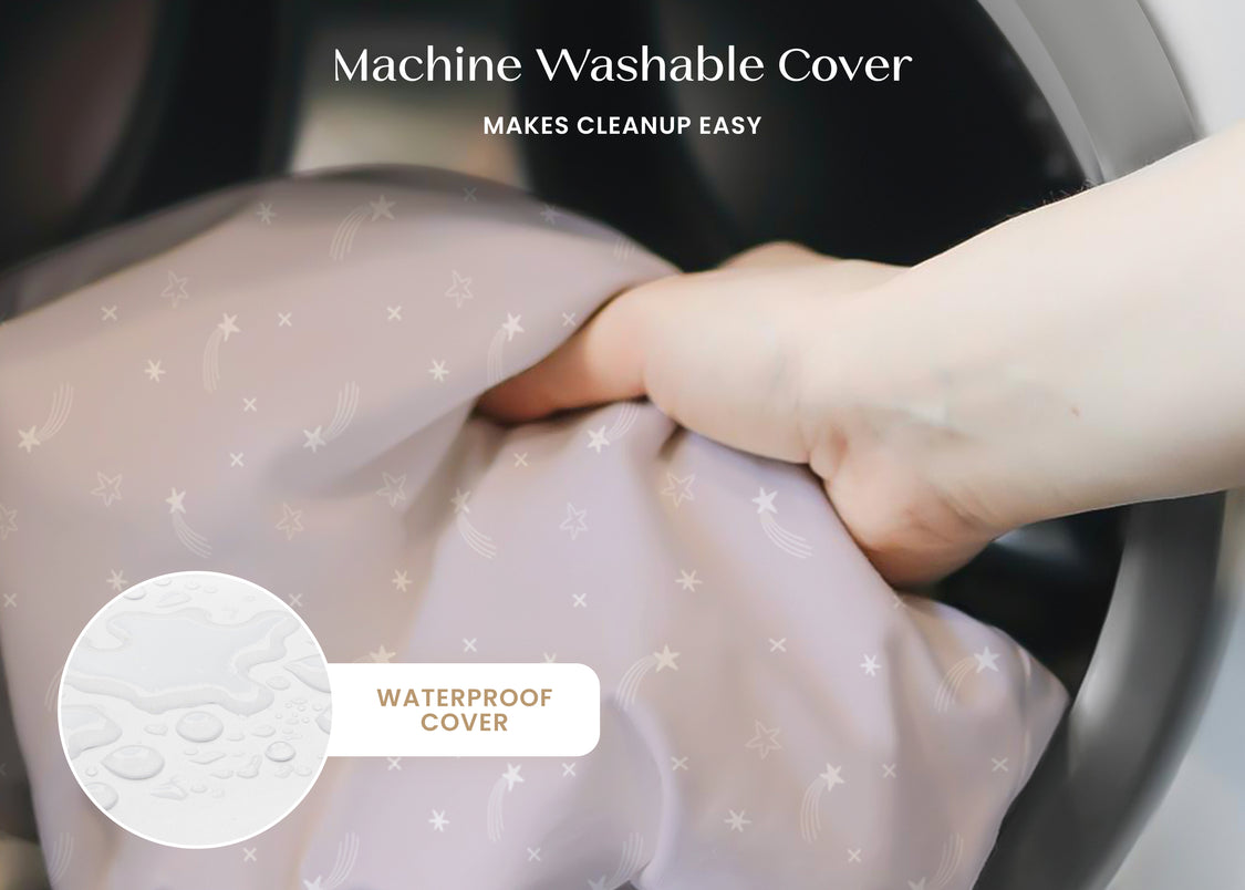 Hand holding a machine washable cover with text indicating it makes cleanup easy and is waterproof.