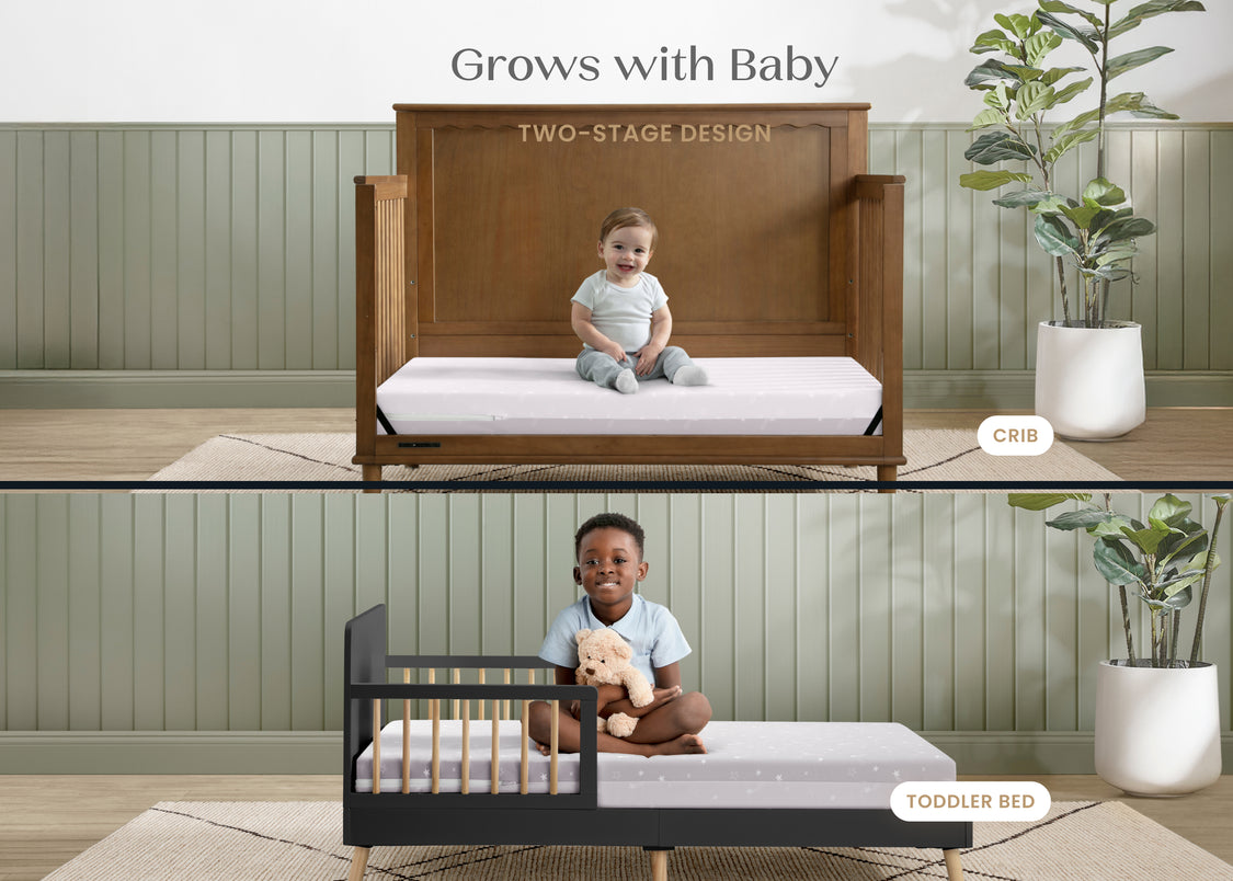 Two-stage bed design that grows with a baby, shown in crib and toddler bed stages.