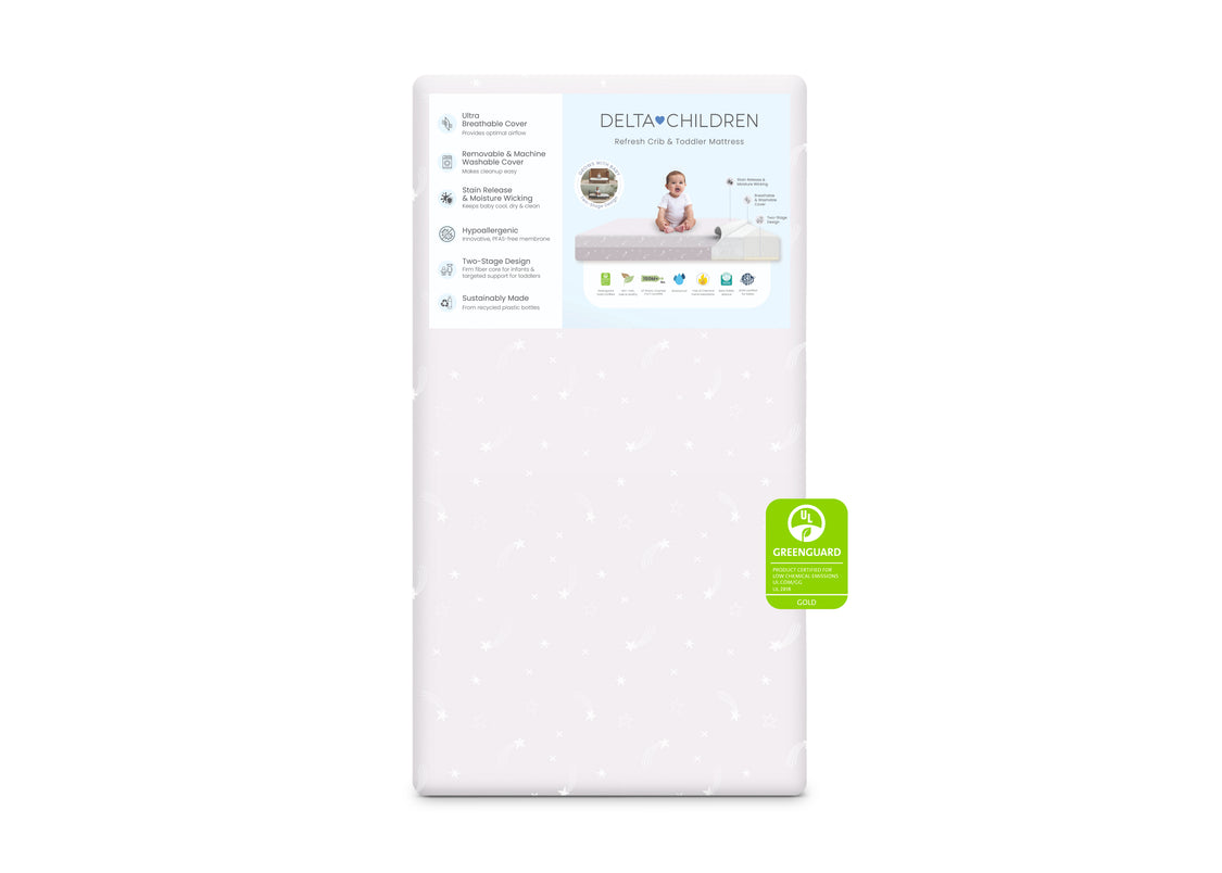 Delta Children mattress on a white background with a green label.