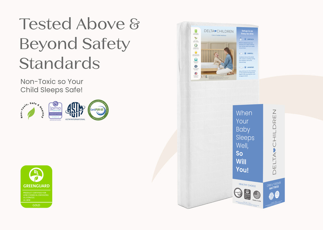 Baby mattress and packaging with safety certification logos on a white background