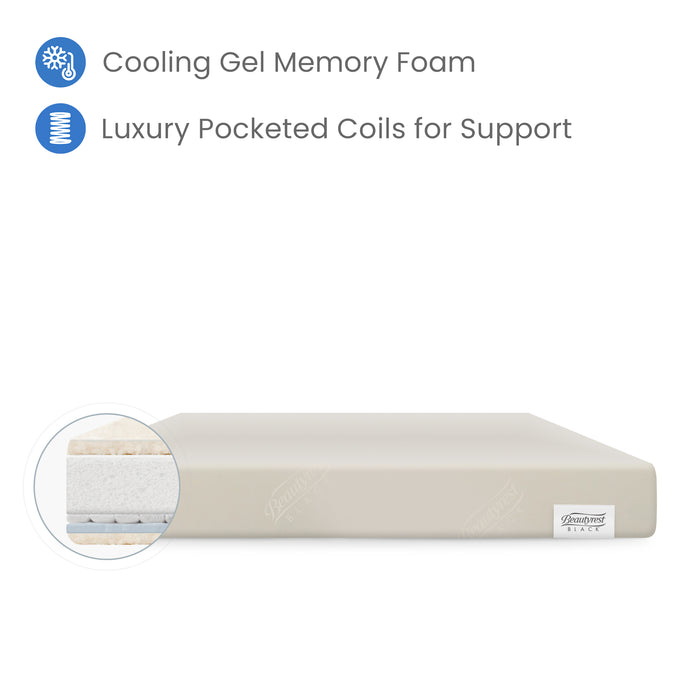 Mattress topper with cooling gel memory foam and luxury pocketed coils on a white background 3-Beautyrest Black AIRCOOL Two-Stage Crib and Toddler Mattress