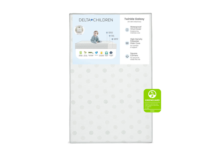Delta Children mattress topper packaging with product details on a white background 8-Twinkle Galaxy 3-inch Mini/Portable Crib Mattress