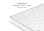 Mattress cover with text highlighting waterproof, hypoallergenic, and easy-to-clean features. 5-Twinkle Galaxy 3-inch Mini/Portable Crib Mattress