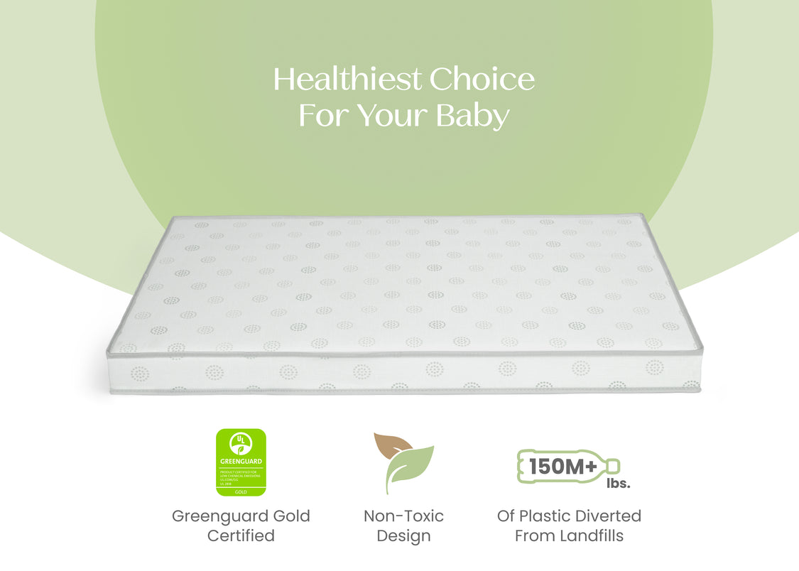 Mattress with green certification logo and text about health benefits for babies