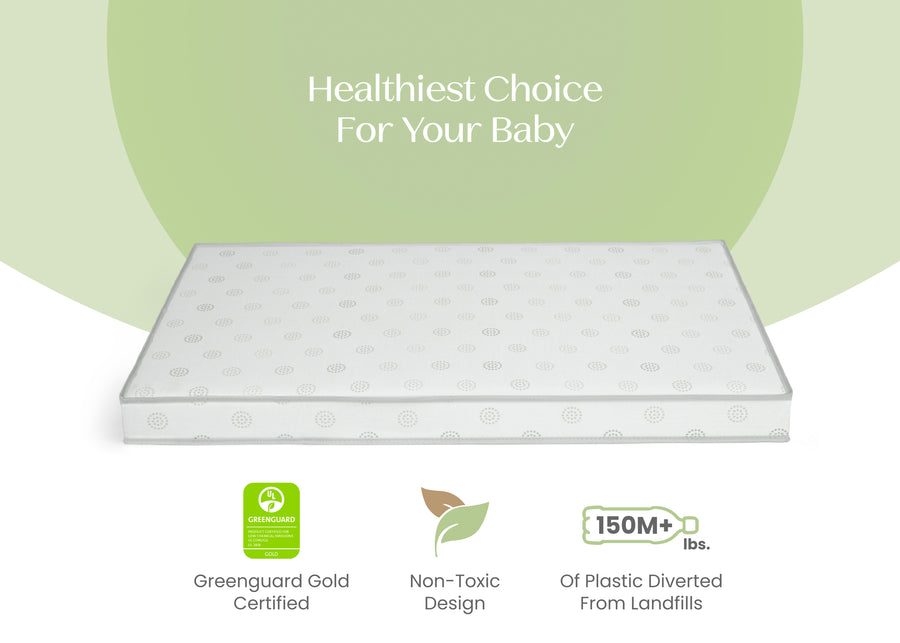 Mattress with green certification logo and text about health benefits for babies 4-Twinkle Galaxy 3-inch Mini/Portable Crib Mattress