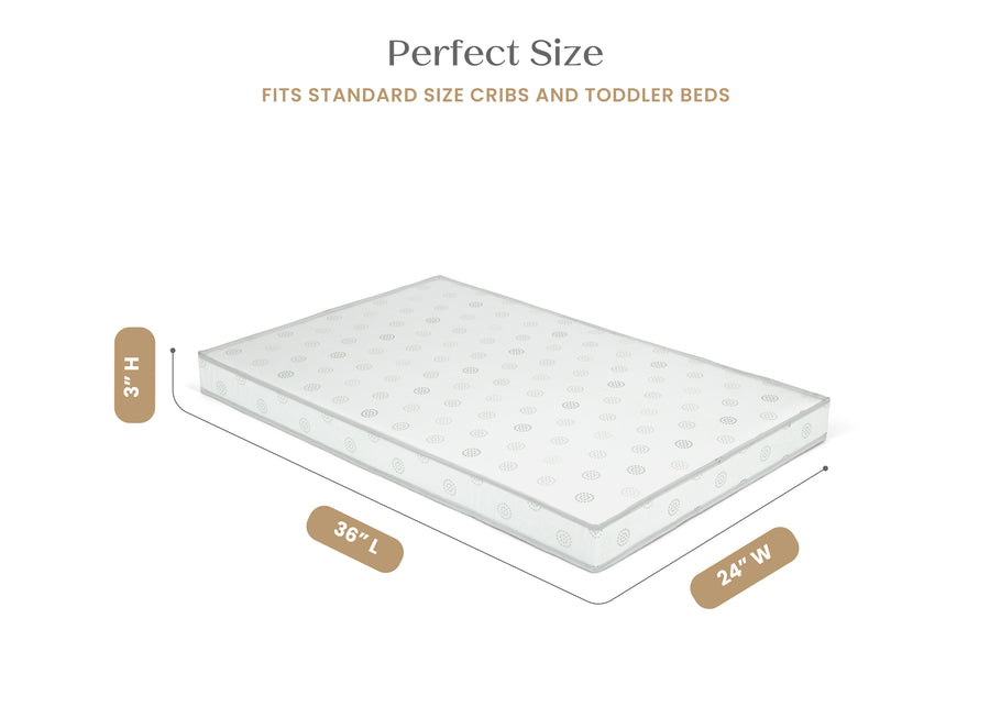 Mattress dimensions labeled with height, width, and length on a white background 6-Twinkle Galaxy 3-inch Mini/Portable Crib Mattress