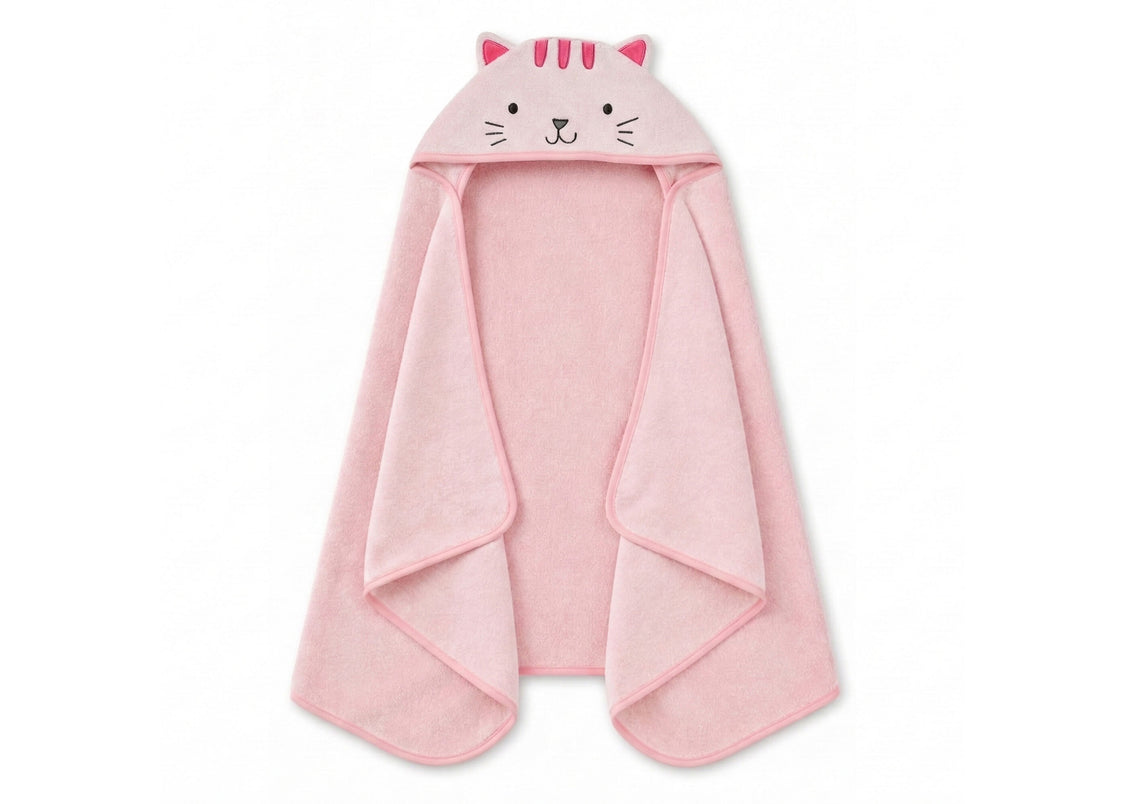 Pink hooded towel with cat design on a white background