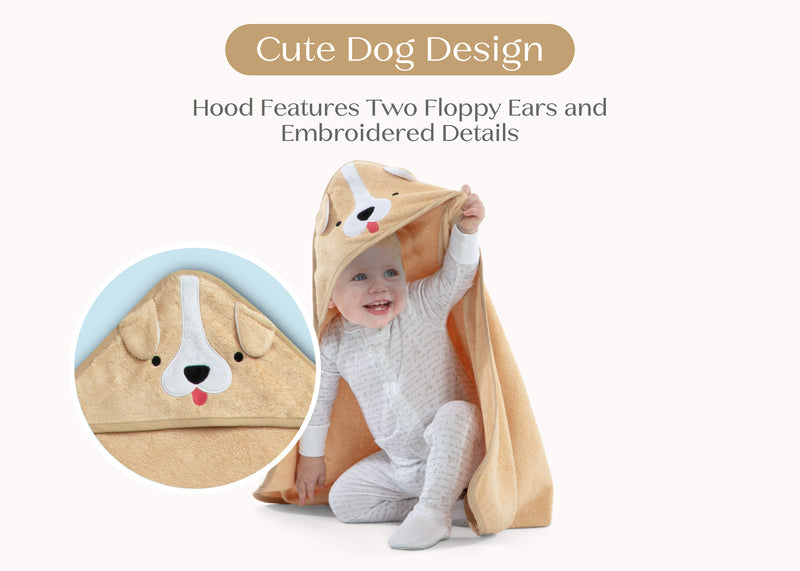 Child wearing a dog-themed hooded towel with floppy ears and embroidered details on a white background.