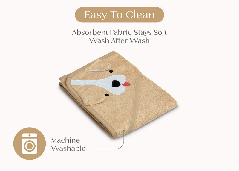 Folded brown towel with a cartoon dog design on a white background, featuring text about its absorbent fabric and machine washability.