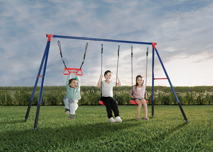Blue and Red (1637) 2-FunZone Outdoor Metal 3-Piece Swing Set - Includes 2 Swings and 1 Trapeze Bar